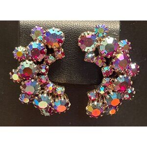 Vintage Aurora Borealis Rhinestone Earrings With Red & Pink Hues